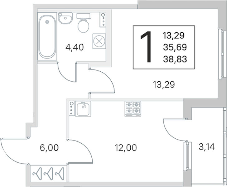 1-комнатная квартира 35.69 м², 1/4 эт., ЖК «Любоград в Стрельне»